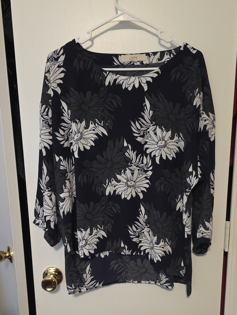 LOFT Black Floral Tunic Top with White & Gray Blooms